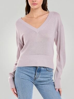 525 America Deep V-Neck Cotton Sweater XL Blush Pink Mauve Ribbed Hem New